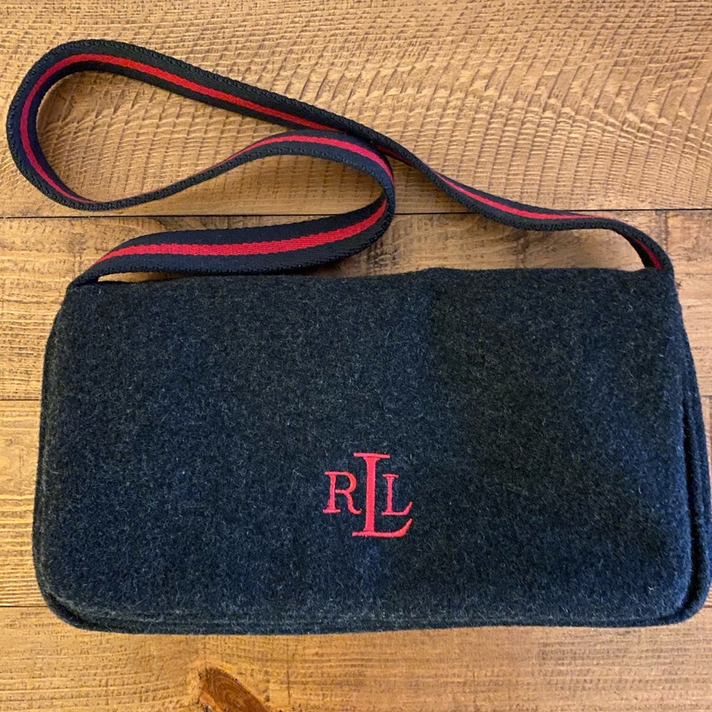 Lauren Ralph Lauren dark heather gray wool blend shoulder purse with front flap